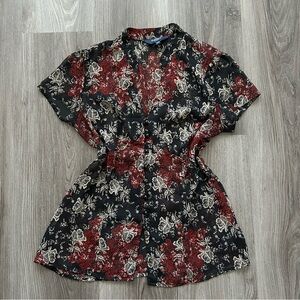 Vintage Reitmans Floral Button Short Sleeve Blouse - Black & Burgundy